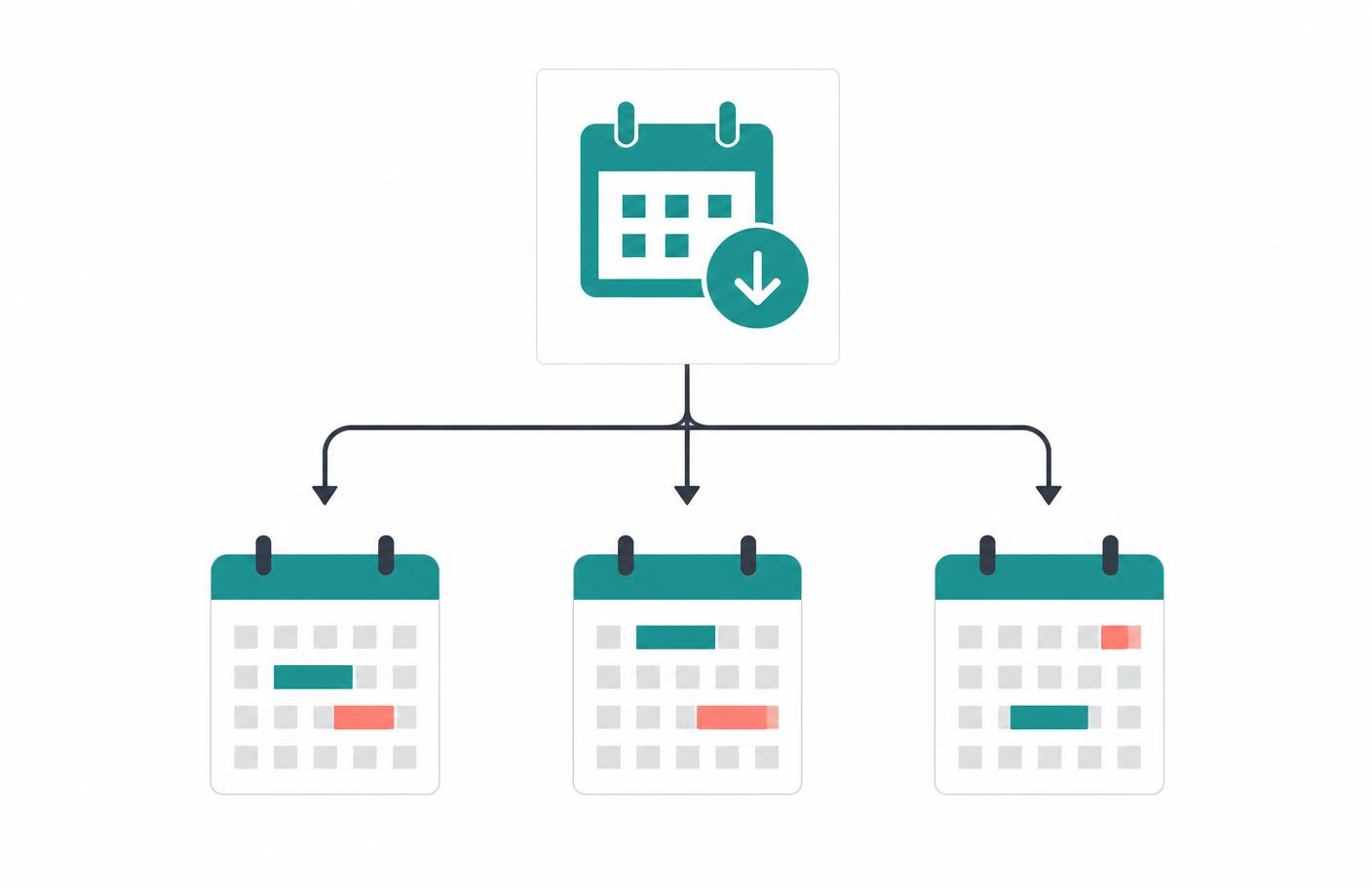 Illustration of a single event download leading to several personal calendars, distinct from an appointment booking widget