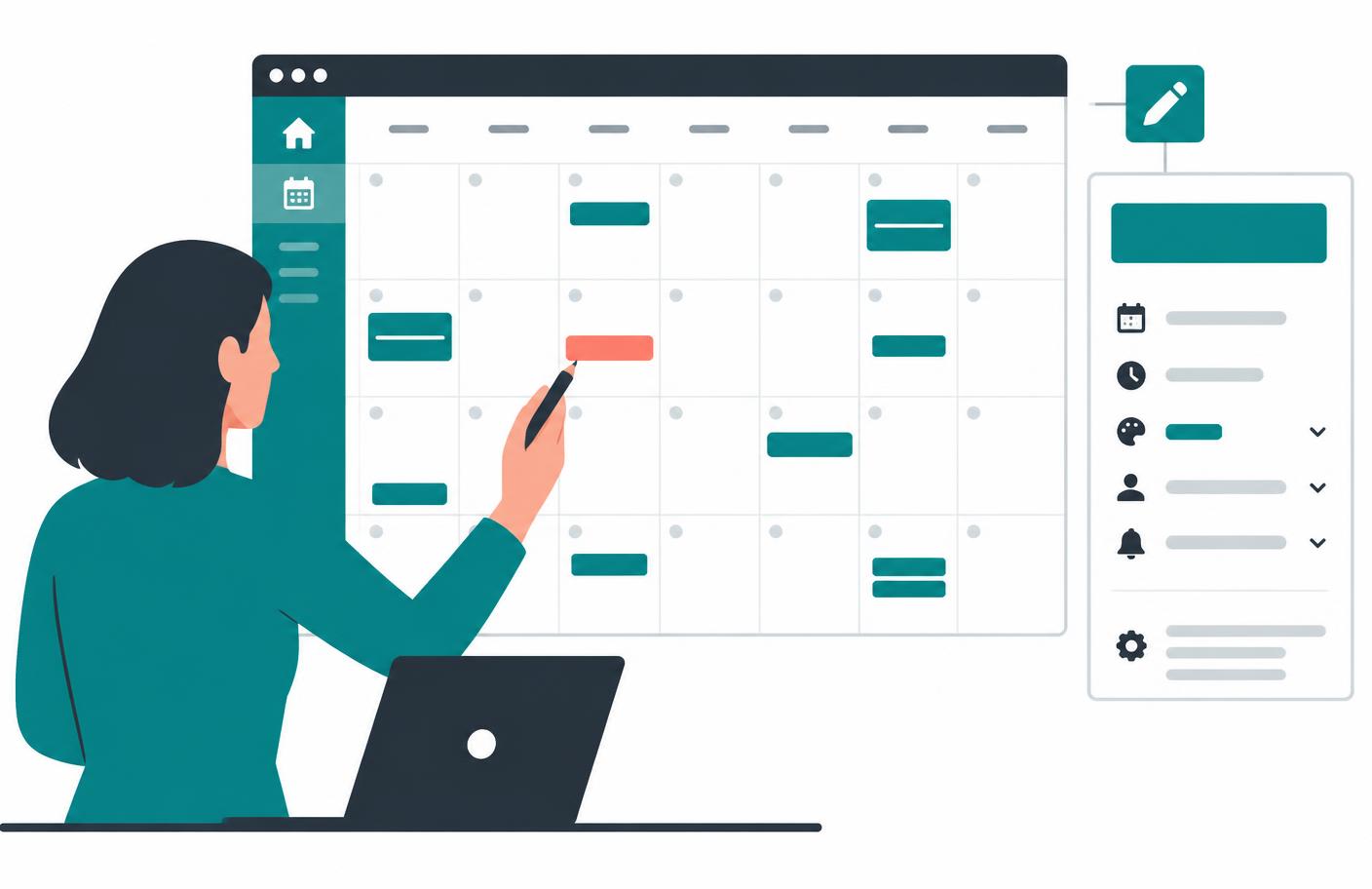 Concept illustration of an organizer editing event blocks in a website calendar using a separate settings panel