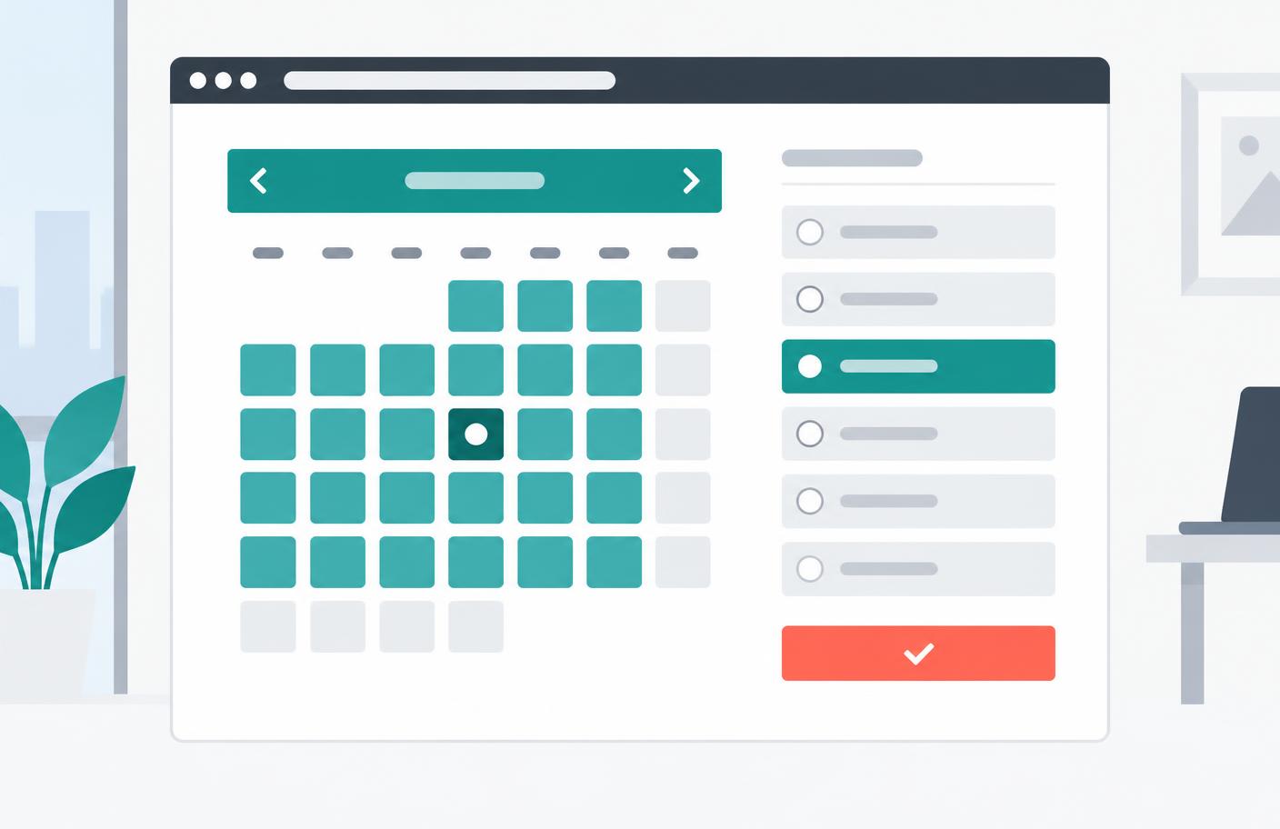 Illustration of a website booking widget with a date picker, available appointment times, and a confirmation action